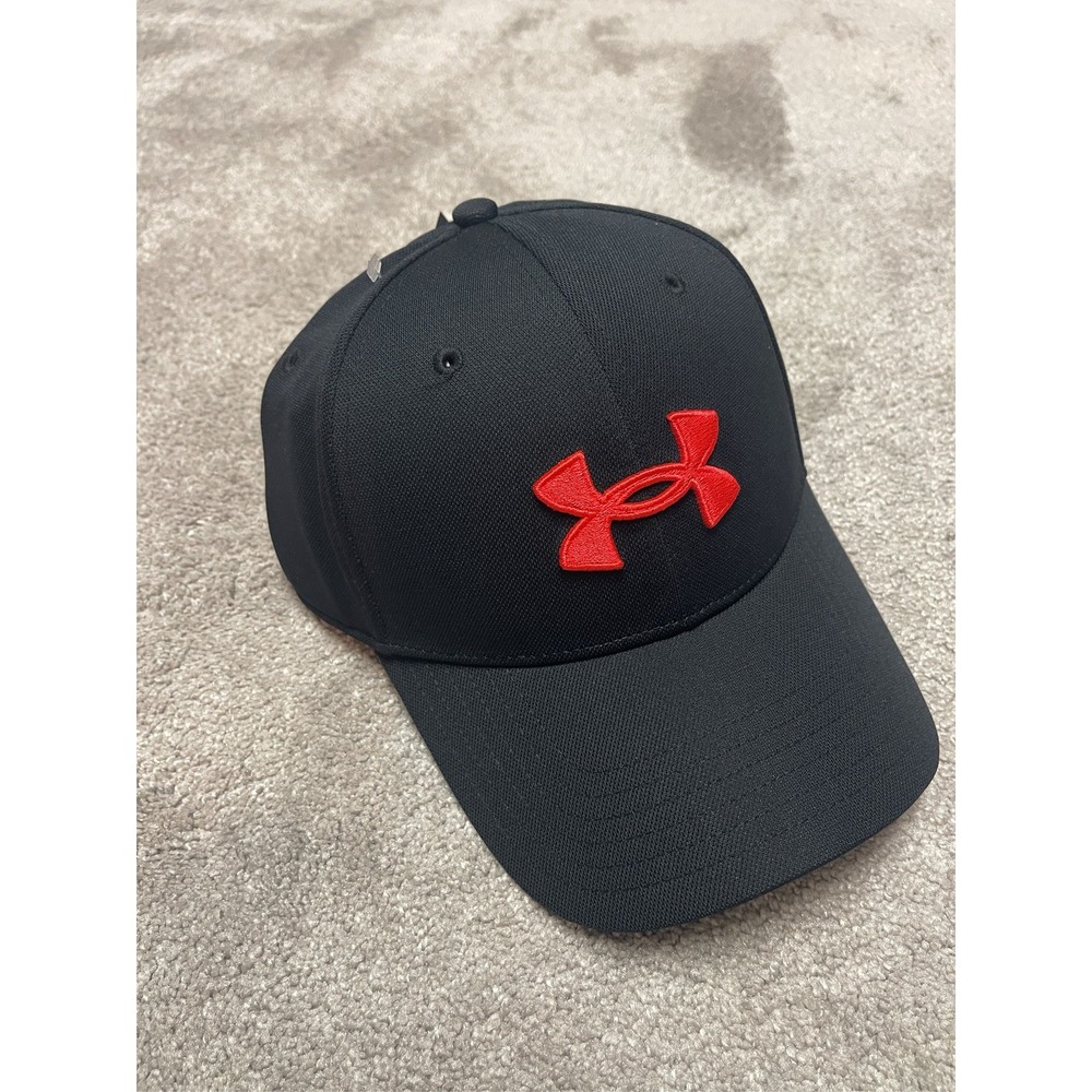 Under Armour Men's Blitzing Stretch Fit Cap Hat Black Red Logo XL/XXL NEW